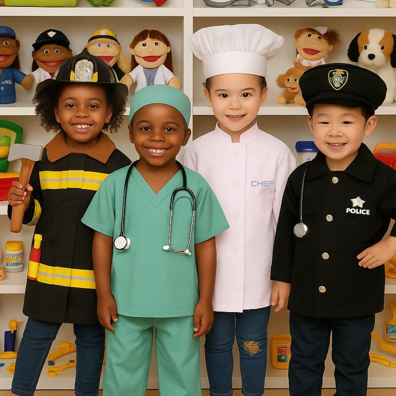 Career Role Play Dress-Up Bundle | 4-Piece Kids Costumes with Police, Firefighter, Surgeon & Chef Outfits